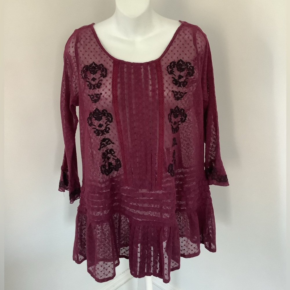 Free People Burgundy Swiss Dot Embroidered Jocelyn Tunic Sz. M